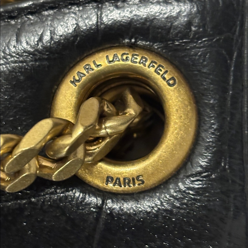 Karl Lagerfeld Paris Black Croc-Embossed Leather gold chain strap hobo bag - Picture 12 of 16